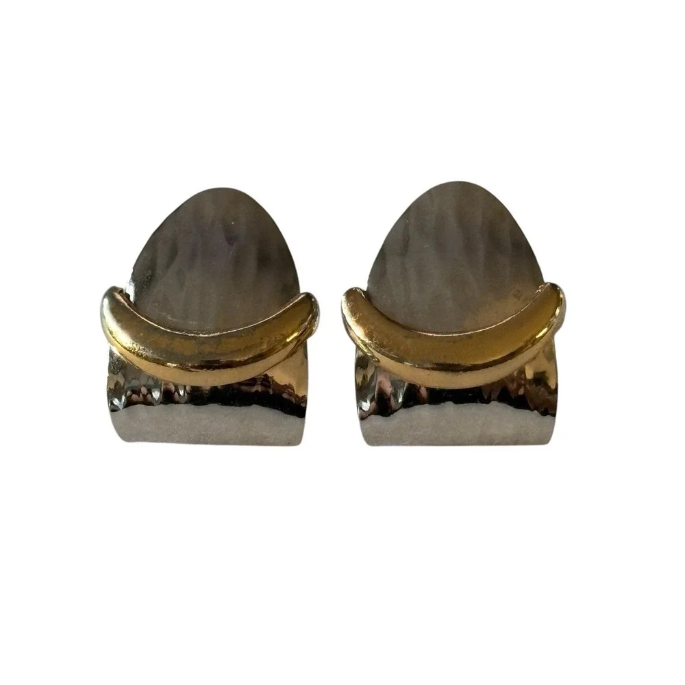 Vintage Napier Earrings Silver‎ & Gold Tone Huggie Hoop Hammered Design Layered